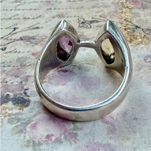 Citrine & Amethyst Gemstones 925 Silver Vintage Bypass Ring Size 7.75 - Picture 3 of 10